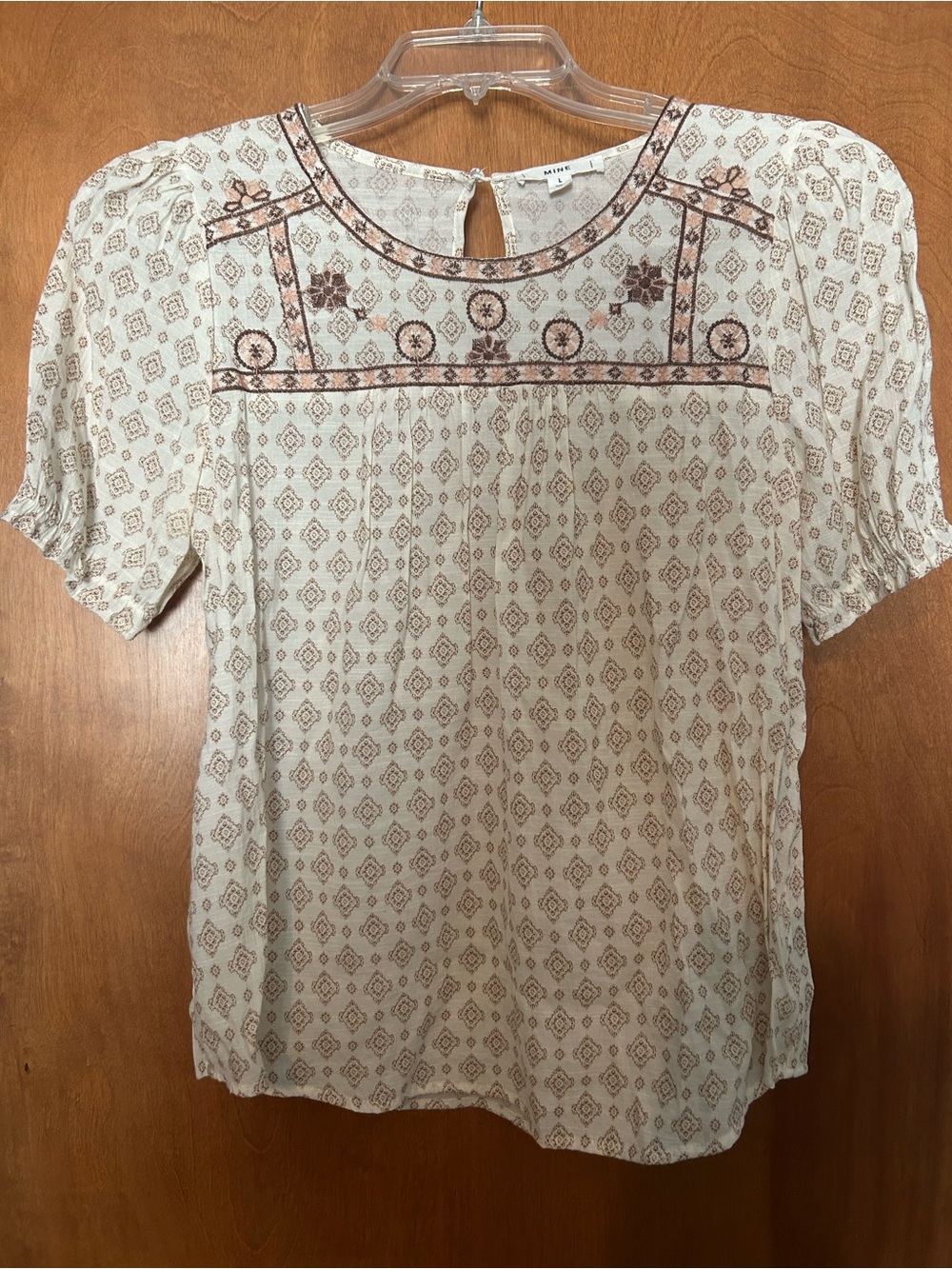 mine Cream Short-Sleeve Embroidered Blouse with Brown Details